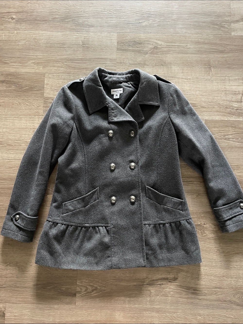 Charcoal Gray Double-Breasted Peacoat with Peplum Hem. 100% Polyester.